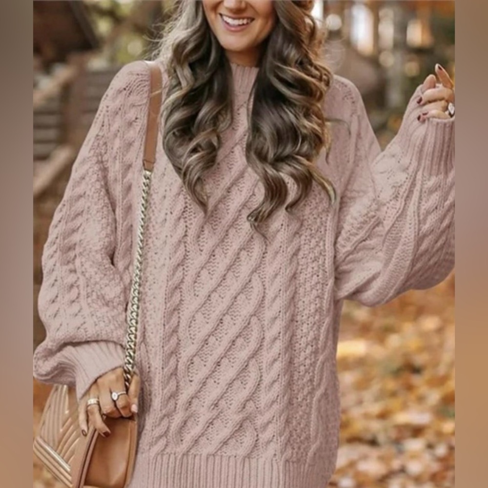 NWT MOSHU Oversized Cable Knit Chunky Pullover Sweater - Blush